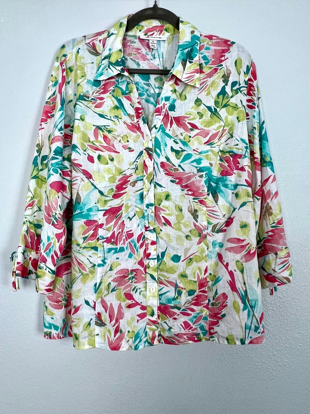 JM Collection Linen Floral Button Up Blouse Summer Breathable Vacation Euro 16